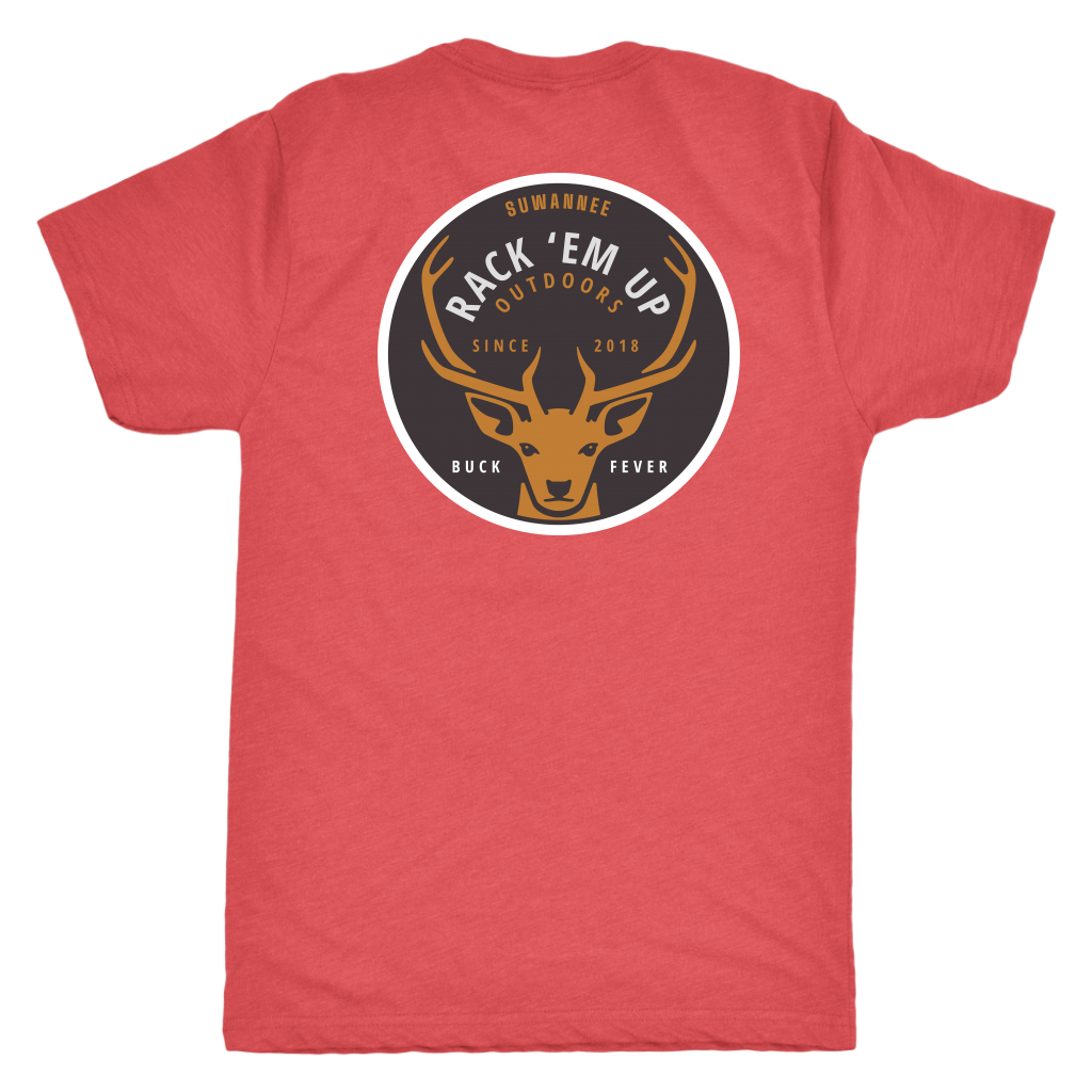 Red Blend Mens Short Sleeve Tshirt -  Rack 'Em Up Deer Design by Suwannee Brand Sportswear Apparel