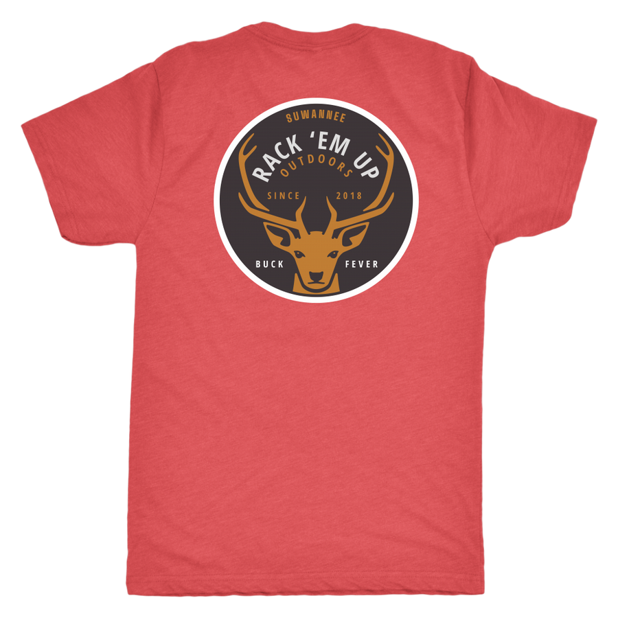 Red Blend Mens Short Sleeve Tshirt -  Rack 'Em Up Deer Design by Suwannee Brand Sportswear Apparel