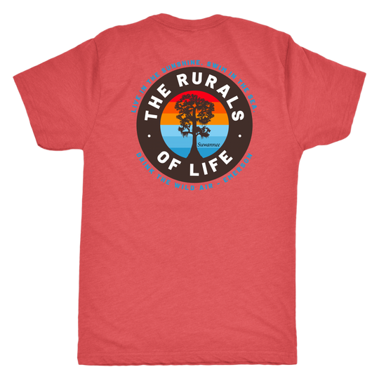 Red Blend Mens Short Sleeve Tshirt - Rurals of Life Tee with Cypress Tree and Ralph Waldo Emerson Quote by Suwannee Brand Sportswear Apparel