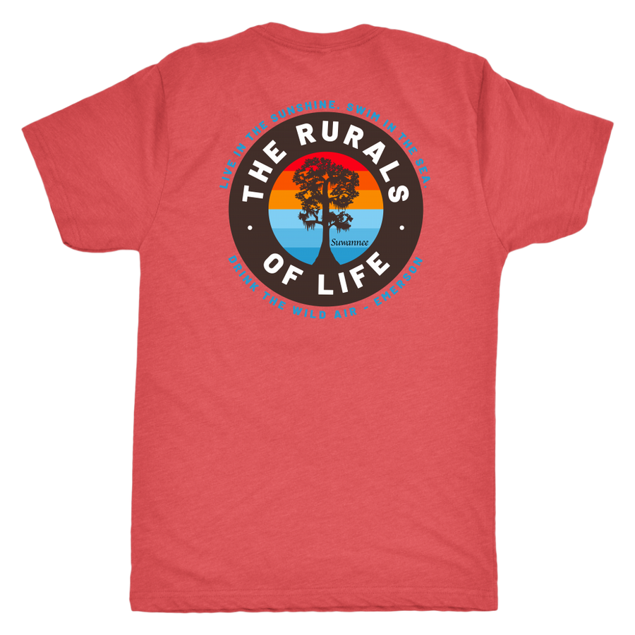 Red Blend Mens Short Sleeve Tshirt - Rurals of Life Tee with Cypress Tree and Ralph Waldo Emerson Quote by Suwannee Brand Sportswear Apparel