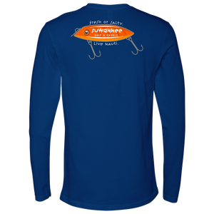 Royal Blue Mens Long Sleeve Tshirt -  Fresh or Salty Fishing Lure Design by Suwannee Brand Sportswear Apparel