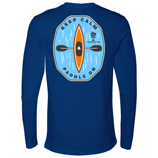 Royal Blue Mens Long Sleeve Tshirt -  Keep Calm and Paddle On Kayak logo by Suwannee Brand Sportswear Apparel