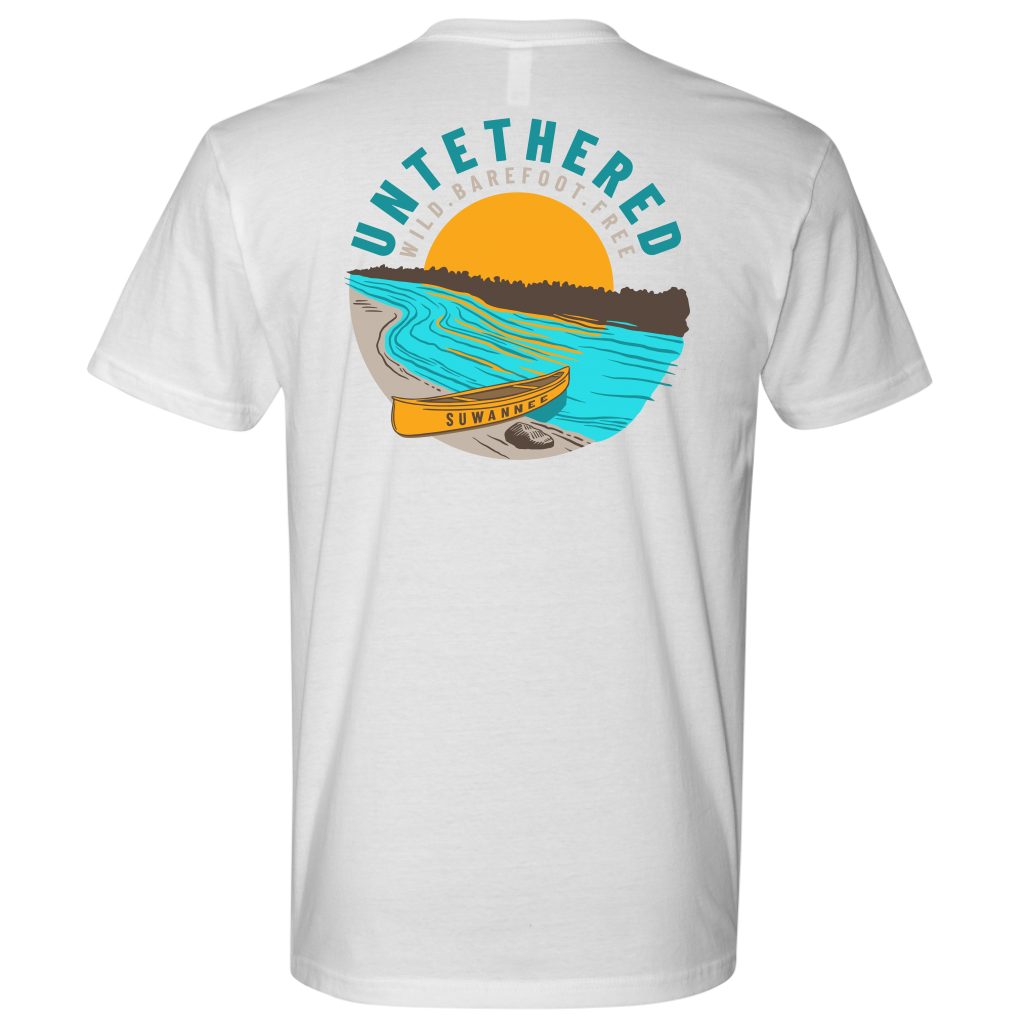 White Mens Short Sleeve Tshirt - River and Canoe Image Logo on Back with slogan "Untethered" & "Wild. Barefoot. Free" by Suwannee Brand Sportswear Apparel