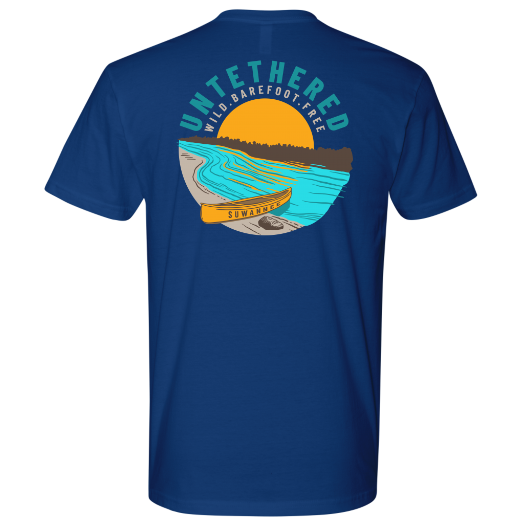 Royal Mens Short Sleeve Tshirt - River and Canoe Image Logo on Back with slogan "Untethered" & "Wild. Barefoot. Free" by Suwannee Brand Sportswear Apparel
