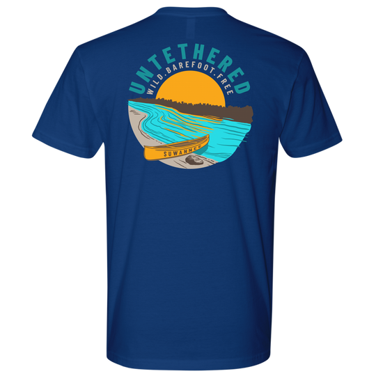Royal Mens Short Sleeve Tshirt - River and Canoe Image Logo on Back with slogan "Untethered" & "Wild. Barefoot. Free" by Suwannee Brand Sportswear Apparel