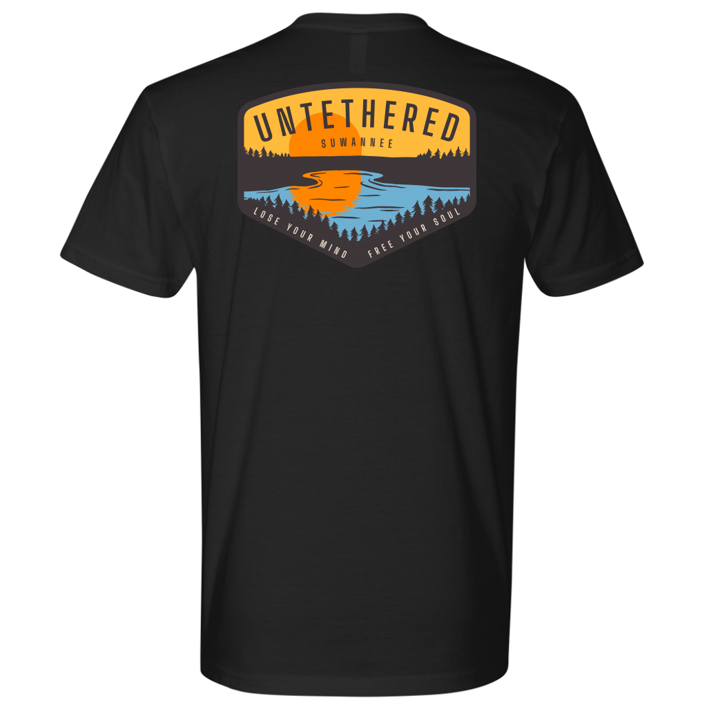 Untethered Collection design with sunset and water in foreground. With text of Untethered, Suwannee, and a tagline of Lose Your Mind. Free Your Soul by Suwannee Brand Apparel