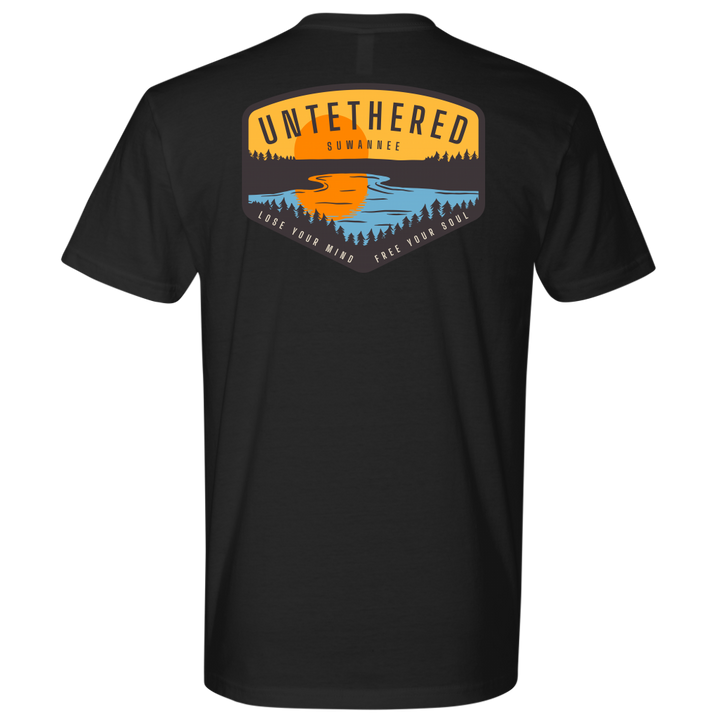Untethered Collection design with sunset and water in foreground. With text of Untethered, Suwannee, and a tagline of Lose Your Mind. Free Your Soul by Suwannee Brand Apparel
