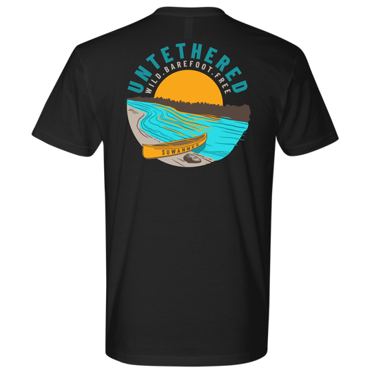 Black Mens Short Sleeve Tshirt - River and Canoe Image Logo on Back with slogan "Untethered" & "Wild. Barefoot. Free" by Suwannee Brand Sportswear Apparel