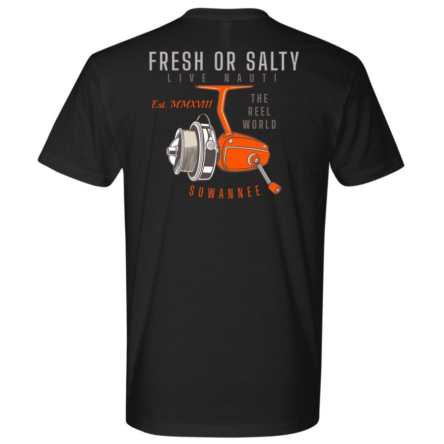 Suwannee Brand Sportswear Apparel - Mens Short Sleeve Tshirt - Fishing Reel Image Logo on Back with slogan "Fresh or Salty, Live Nauti" & "The Reel World"