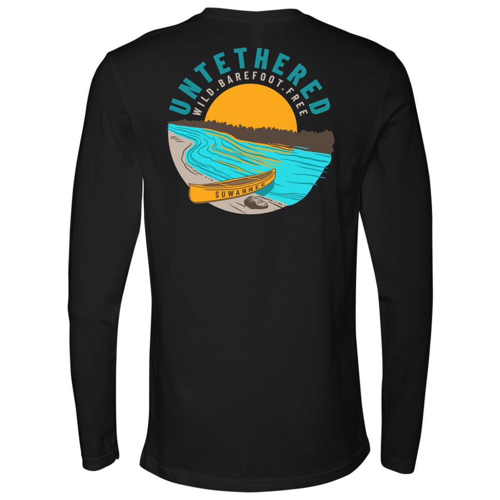 Black Mens Long Sleeve Tshirt - River and Canoe Image Logo on Back with slogan "Untethered" & "Wild. Barefoot. Free" by Suwannee Brand Sportswear Apparel