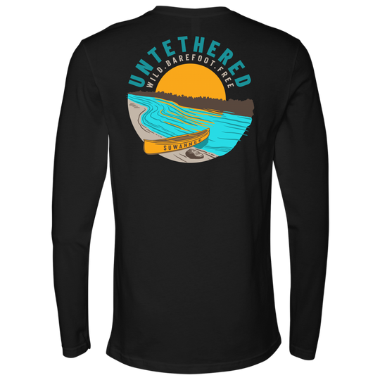 Black Mens Long Sleeve Tshirt - River and Canoe Image Logo on Back with slogan "Untethered" & "Wild. Barefoot. Free" by Suwannee Brand Sportswear Apparel