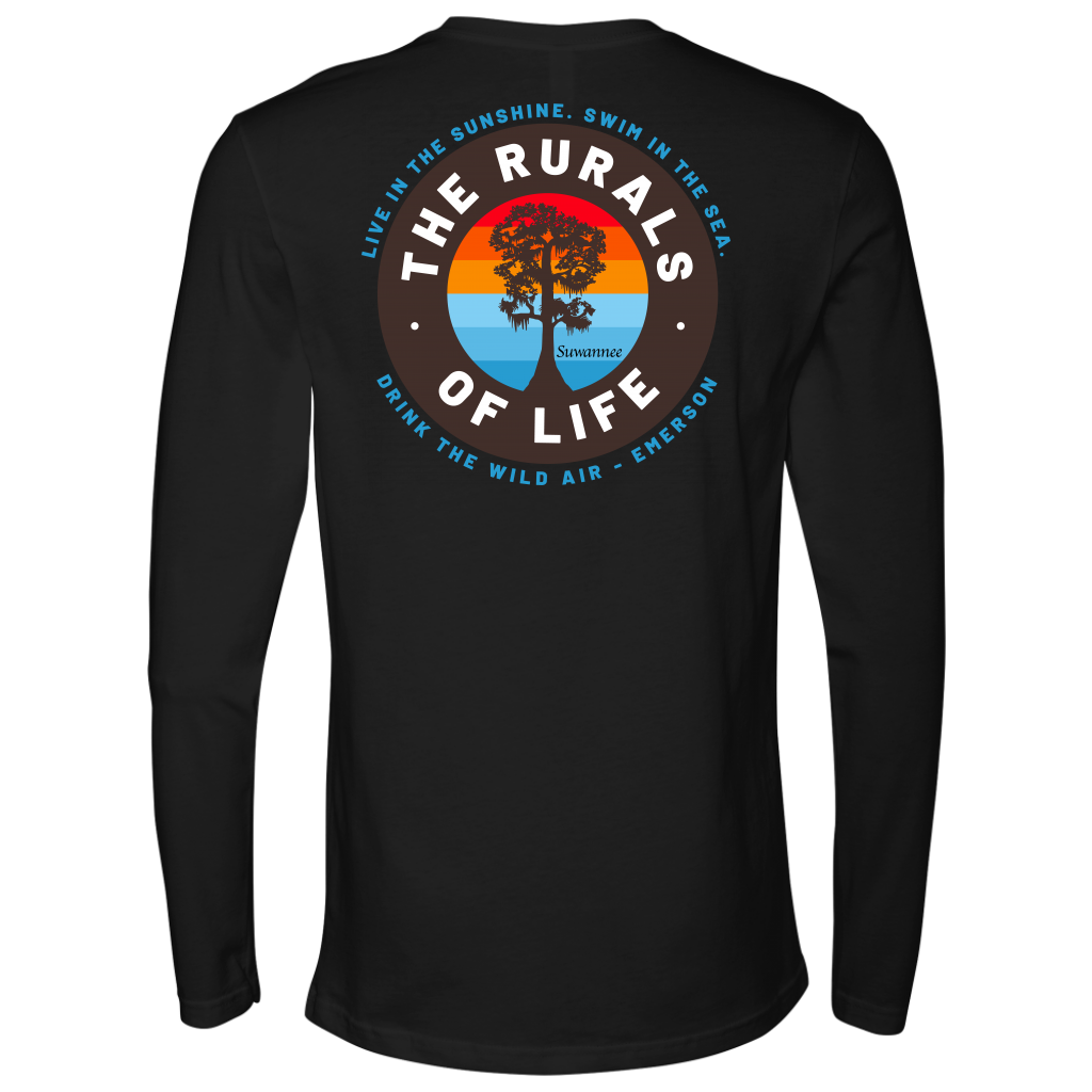 Black Mens Long Sleeve Tshirt - Rurals of Life Tee with Cypress Tree and Ralph Waldo Emerson Quote by Suwannee Brand Sportswear Apparel