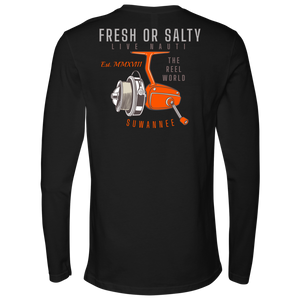 Suwannee Brand Sportswear Apparel - Mens Long Sleeve Tshirt - Fishing Reel Image Logo on Back with slogan "Fresh or Salty, Live Nauti", "The Reel World"