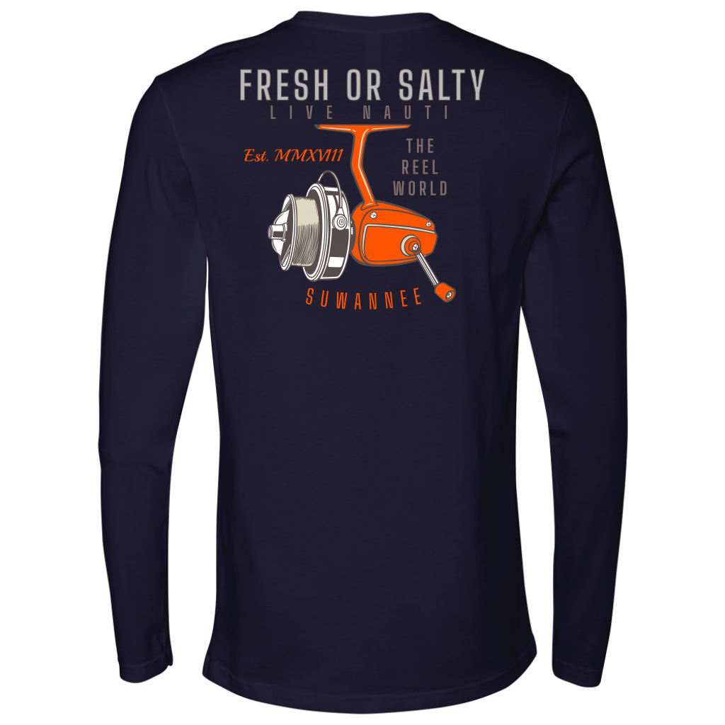 Suwannee Brand Sportswear Apparel - Mens Long Sleeve Tshirt - Fishing Reel Image Logo on Back with slogan "Fresh or Salty, Live Nauti" & "The Reel World"