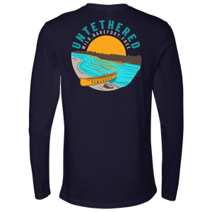 Navy Mens Long Sleeve Tshirt - River and Canoe Image Logo on Back with slogan "Untethered" & "Wild. Barefoot. Free" by Suwannee Brand Sportswear Apparel