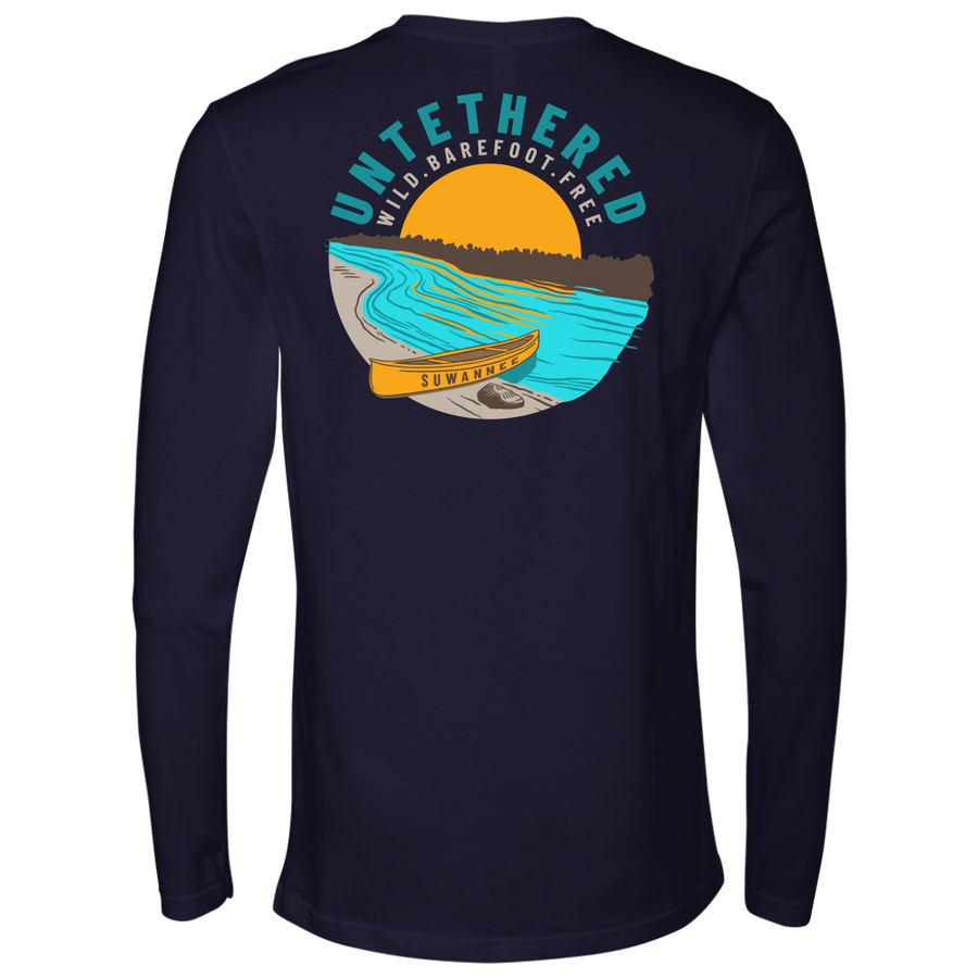 Navy Mens Long Sleeve Tshirt - River and Canoe Image Logo on Back with slogan "Untethered" & "Wild. Barefoot. Free" by Suwannee Brand Sportswear Apparel