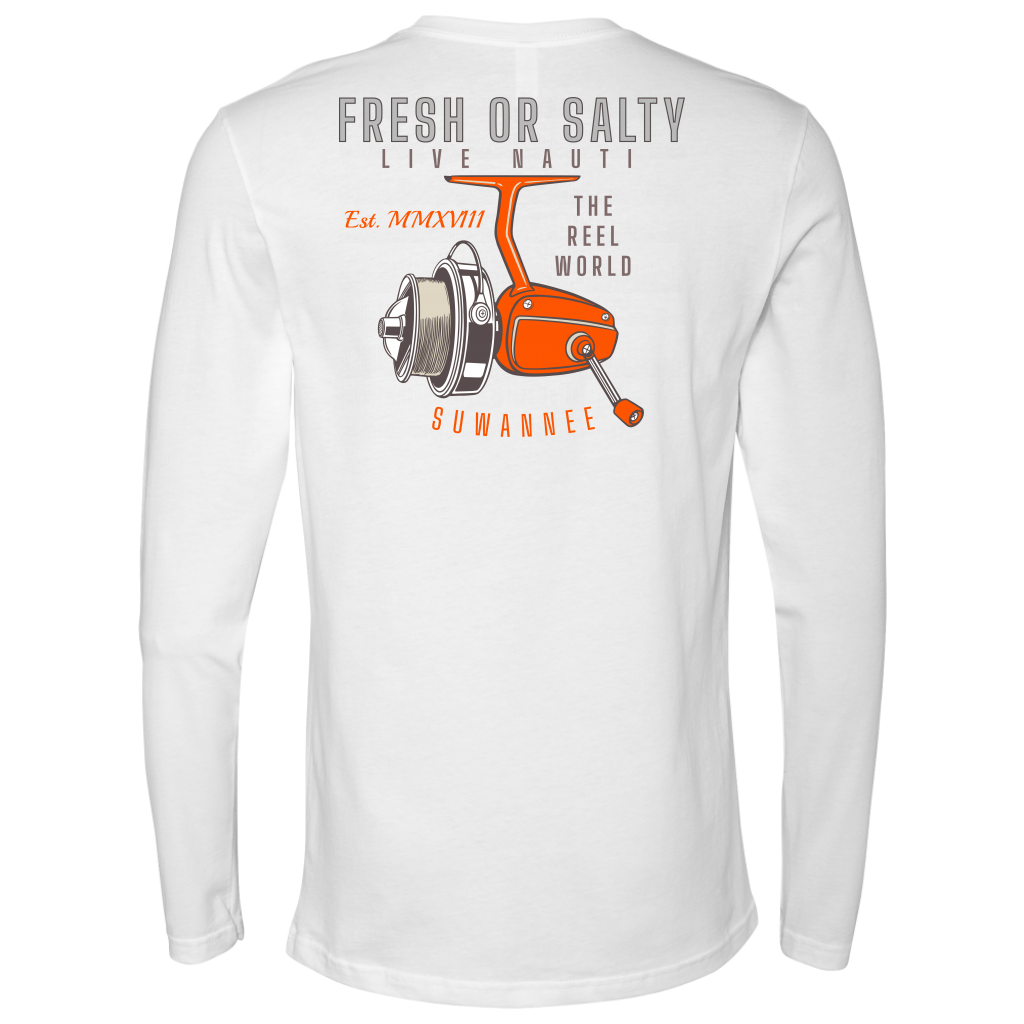 Suwannee Brand Sportswear Apparel - Mens Long Sleeve Tshirt - Fishing Reel Image Logo on Back with slogan "Fresh or Salty, Live Nauti" & "The Reel World"
