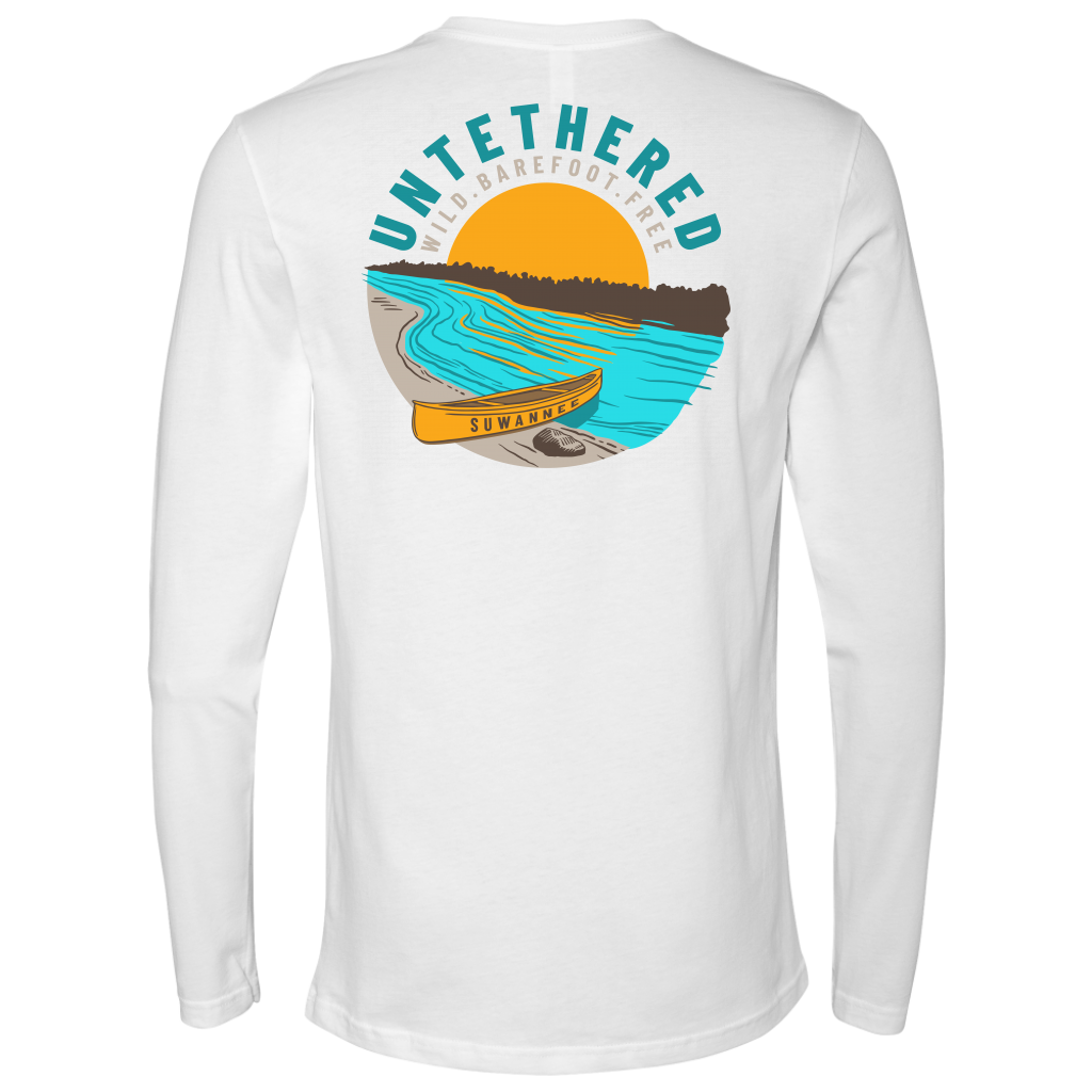 White Mens Long Sleeve Tshirt - River and Canoe Image Logo on Back with slogan "Untethered" & "Wild. Barefoot. Free" by Suwannee Brand Sportswear Apparel