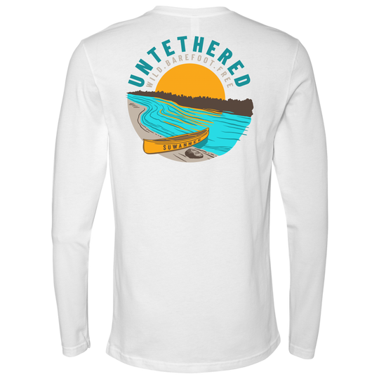 White Mens Long Sleeve Tshirt - River and Canoe Image Logo on Back with slogan "Untethered" & "Wild. Barefoot. Free" by Suwannee Brand Sportswear Apparel