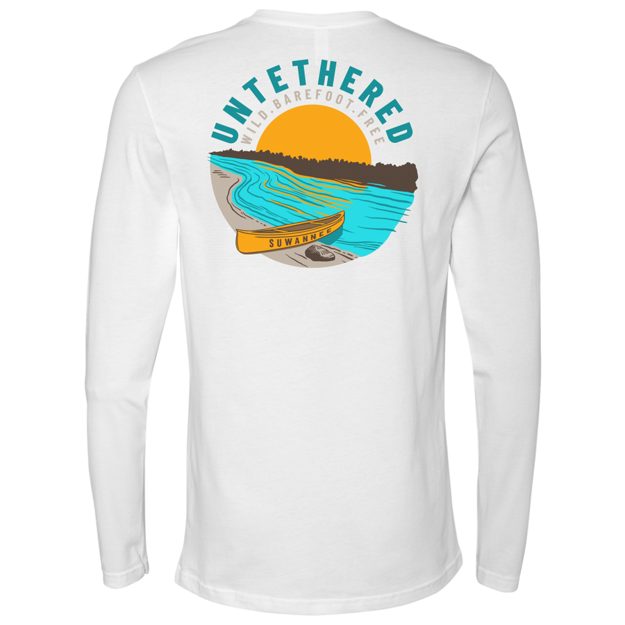 White Mens Long Sleeve Tshirt - River and Canoe Image Logo on Back with slogan "Untethered" & "Wild. Barefoot. Free" by Suwannee Brand Sportswear Apparel