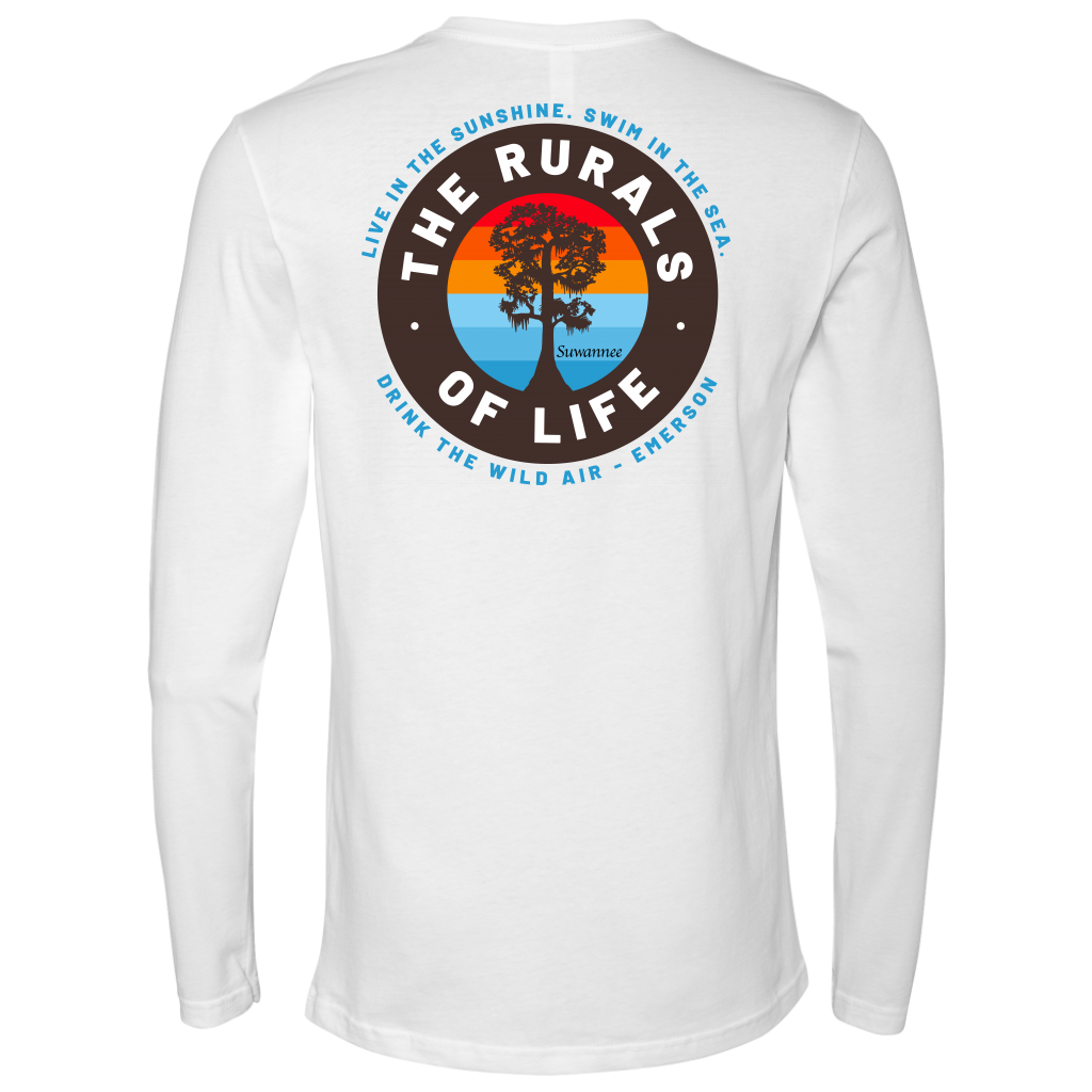 White Mens Long Sleeve Tshirt - Rurals of Life Tee with Cypress Tree and Ralph Waldo Emerson Quote by Suwannee Brand Sportswear Apparel