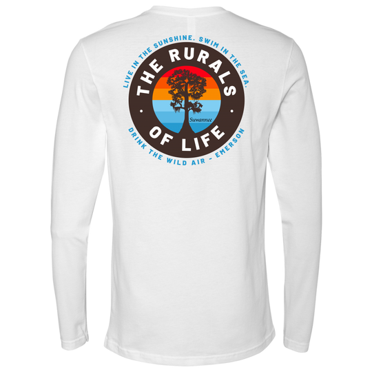White Mens Long Sleeve Tshirt - Rurals of Life Tee with Cypress Tree and Ralph Waldo Emerson Quote by Suwannee Brand Sportswear Apparel