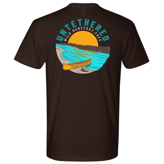 Chocolate Mens Short Sleeve Tshirt - River and Canoe Image Logo on Back with slogan "Untethered" & "Wild. Barefoot. Free" by Suwannee Brand Sportswear Apparel