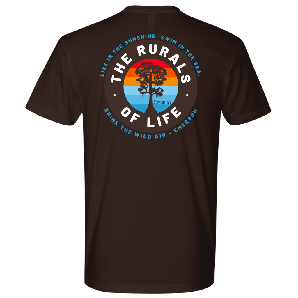 Chocolate Mens Short Sleeve Tshirt - Rurals of Life Tee with Cypress Tree and Ralph Waldo Emerson Quote by Suwannee Brand Sportswear Apparel