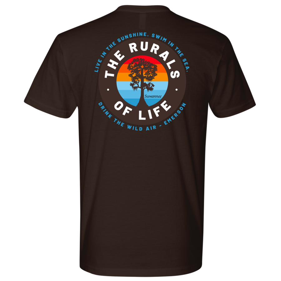 Chocolate Mens Short Sleeve Tshirt - Rurals of Life Tee with Cypress Tree and Ralph Waldo Emerson Quote by Suwannee Brand Sportswear Apparel