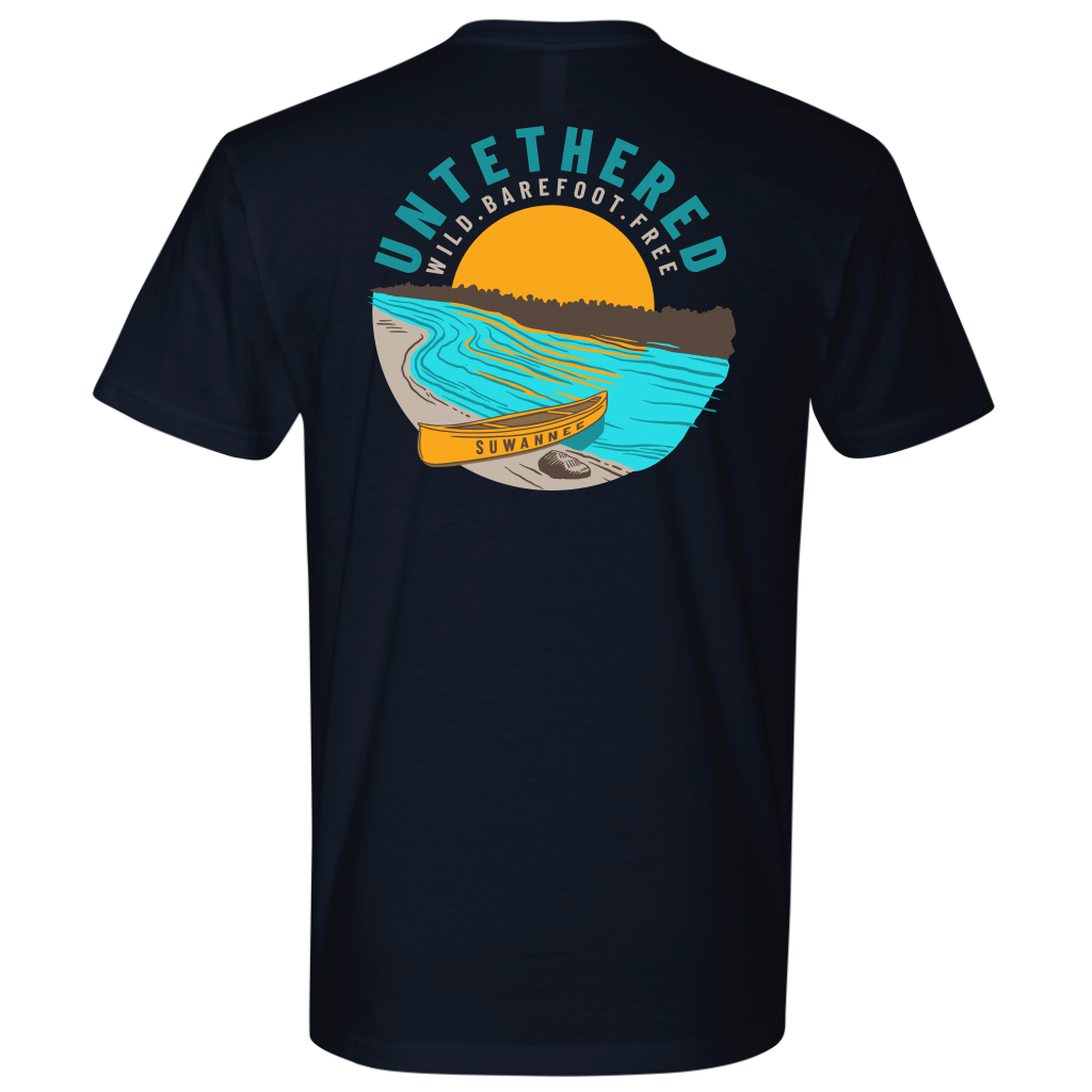 Navy Mens Short Sleeve Tshirt - River and Canoe Image Logo on Back with slogan "Untethered" & "Wild. Barefoot. Free" by Suwannee Brand Sportswear Apparel