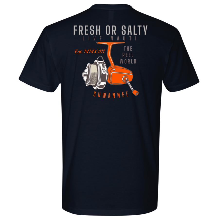 Suwannee Brand Sportswear Apparel - Mens Short Sleeve Tshirt - Fishing Reel Image Logo on Back with slogan "Fresh or Salty, Live Nauti" & "The Reel World"