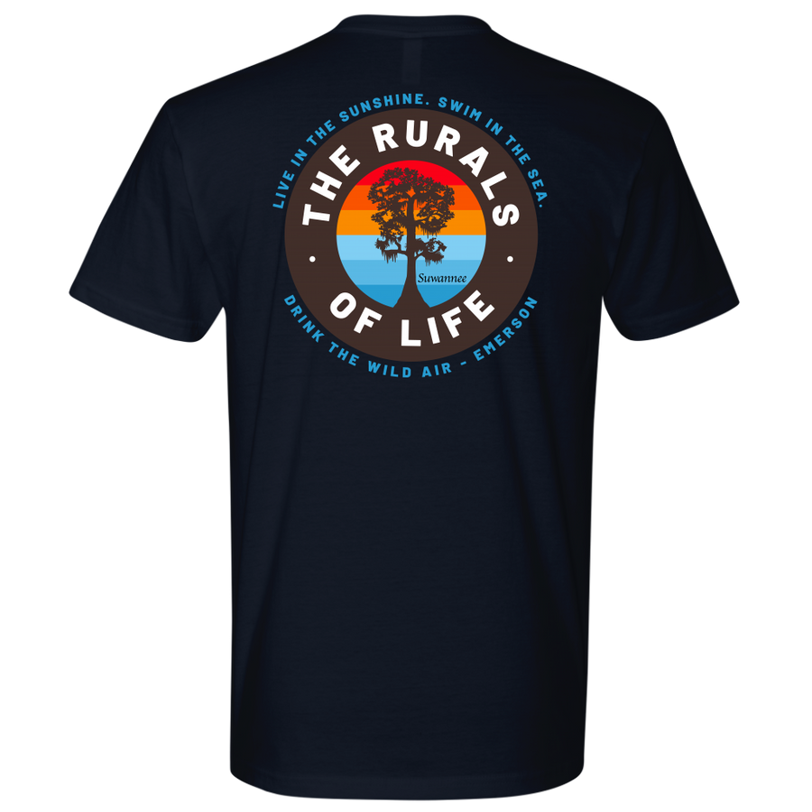 Navy Mens Short Sleeve Tshirt - Rurals of Life Tee with Cypress Tree and Ralph Waldo Emerson Quote by Suwannee Brand Sportswear Apparel