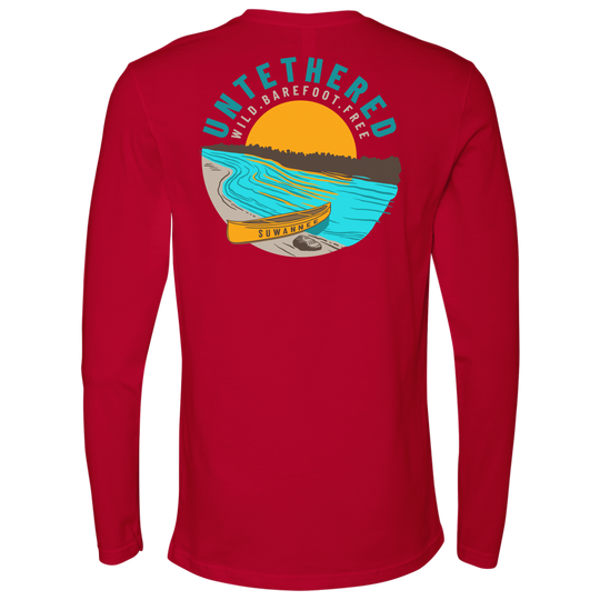 Red Mens Long Sleeve Tshirt - River and Canoe Image Logo on Back with slogan "Untethered" & "Wild. Barefoot. Free" by Suwannee Brand Sportswear Apparel