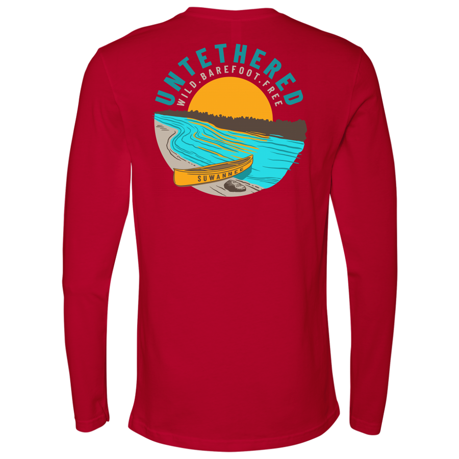 Red Mens Long Sleeve Tshirt - River and Canoe Image Logo on Back with slogan "Untethered" & "Wild. Barefoot. Free" by Suwannee Brand Sportswear Apparel