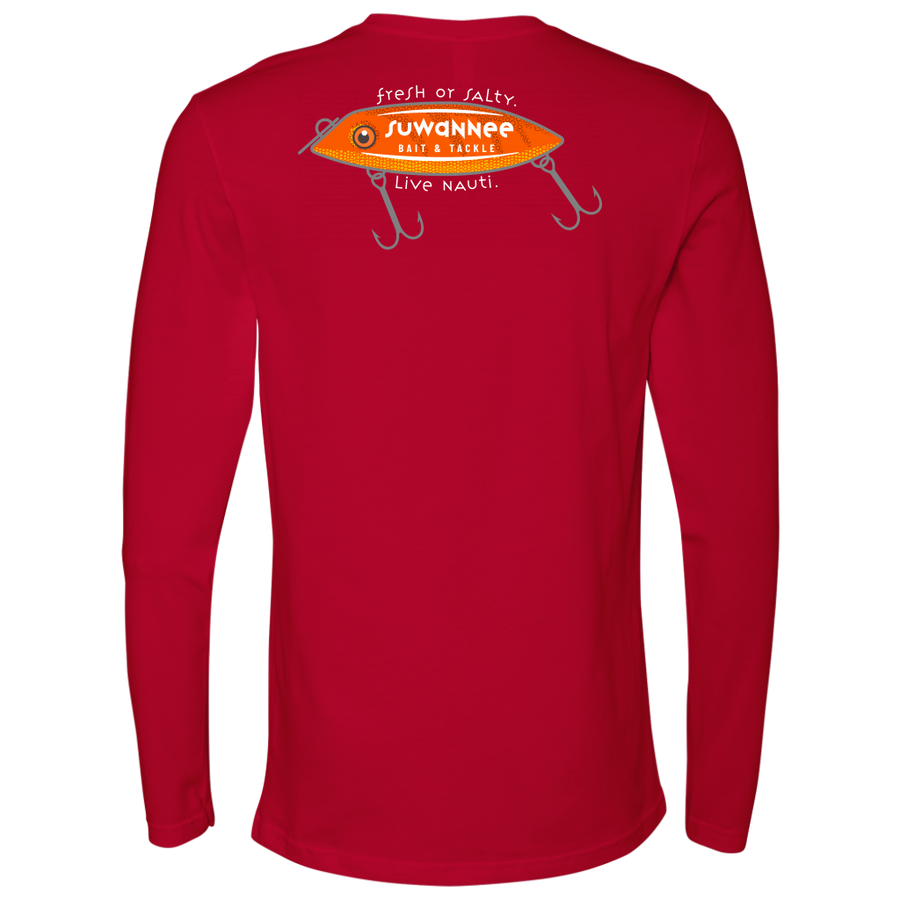 Red Mens Long Sleeve Tshirt -  Fresh or Salty Fishing Lure Design by Suwannee Brand Sportswear Apparel