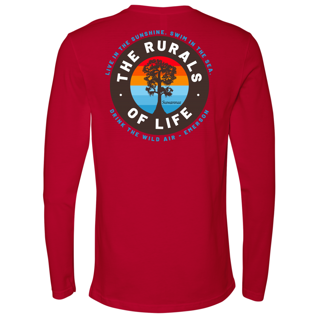 Red Mens Long Sleeve Tshirt - Rurals of Life Tee with Cypress Tree and Ralph Waldo Emerson Quote by Suwannee Brand Sportswear Apparel