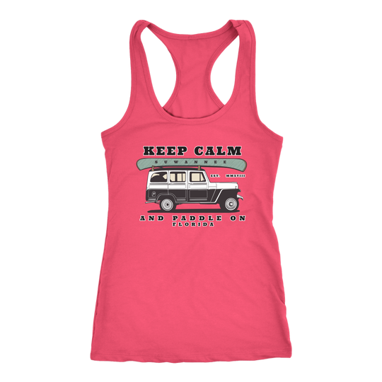 womens racerback tank top with canoe and SUV with keep calm and paddle on slogan - suwannee brand