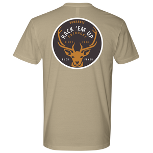 Tan Mens Short Sleeve Tshirt -  Rack 'Em Up Deer Design by Suwannee Brand Sportswear Apparel