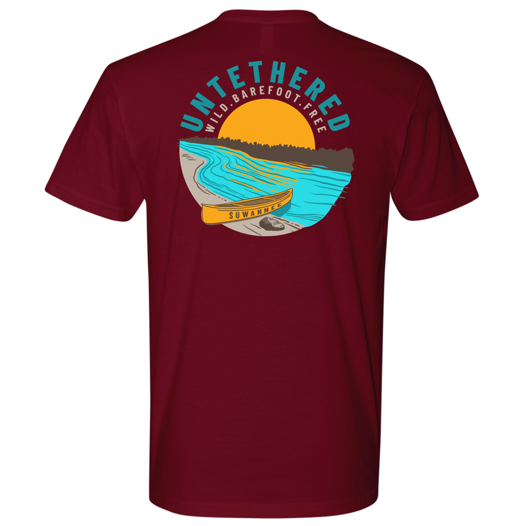 Cardinal Red Mens Short Sleeve Tshirt - River and Canoe Image Logo on Back with slogan "Untethered" & "Wild. Barefoot. Free" by Suwannee Brand Sportswear Apparel