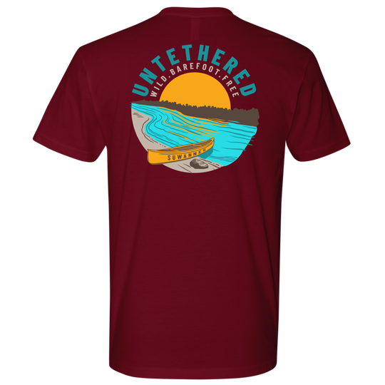 Cardinal Red Mens Short Sleeve Tshirt - River and Canoe Image Logo on Back with slogan "Untethered" & "Wild. Barefoot. Free" by Suwannee Brand Sportswear Apparel