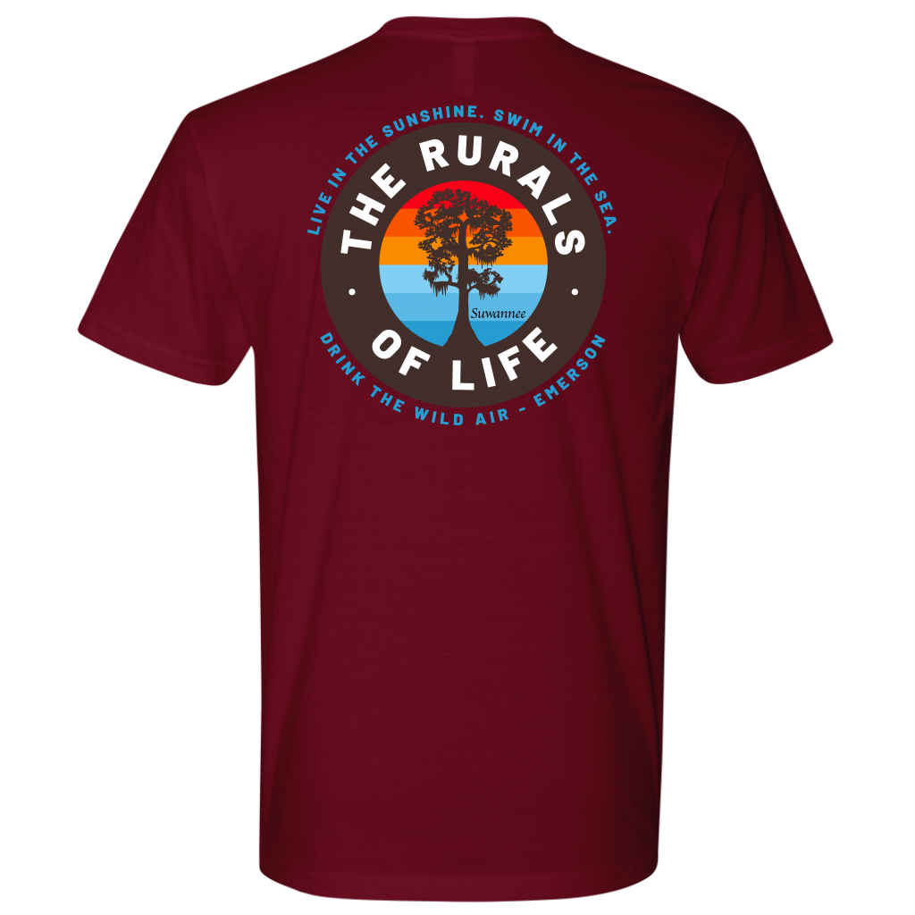 Cardinal Red Mens Short Sleeve Tshirt - Rurals of Life Tee with Cypress Tree and Ralph Waldo Emerson Quote by Suwannee Brand Sportswear Apparel