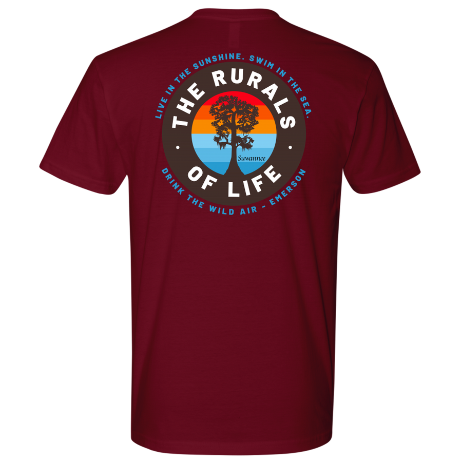 Cardinal Red Mens Short Sleeve Tshirt - Rurals of Life Tee with Cypress Tree and Ralph Waldo Emerson Quote by Suwannee Brand Sportswear Apparel