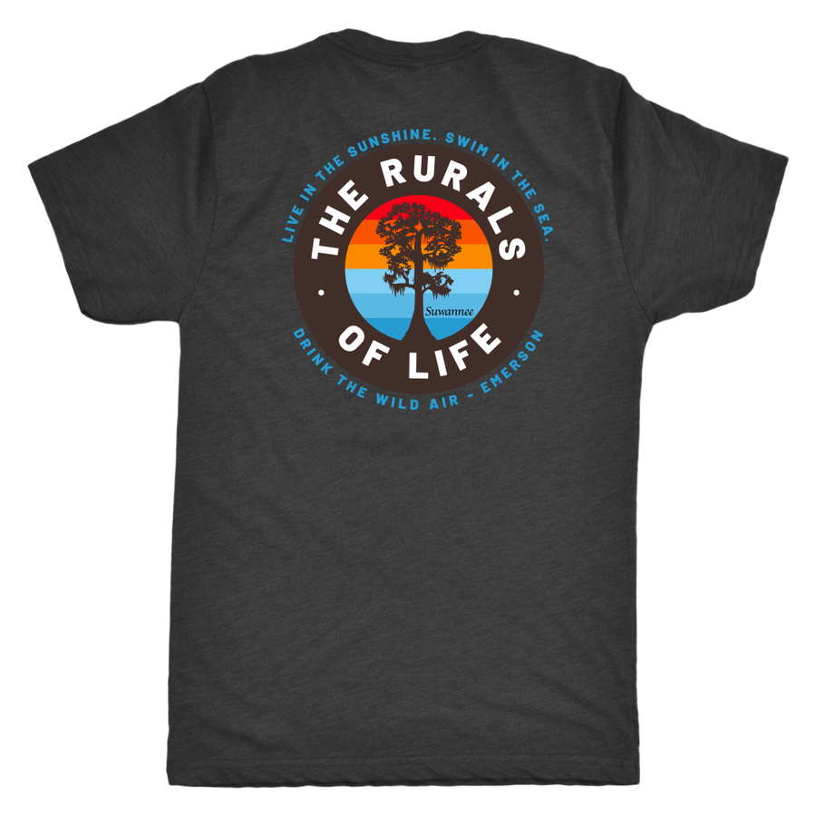 Black Blend Mens Short Sleeve Tshirt - Rurals of Life Tee with Cypress Tree and Ralph Waldo Emerson Quote by Suwannee Brand Sportswear Apparel