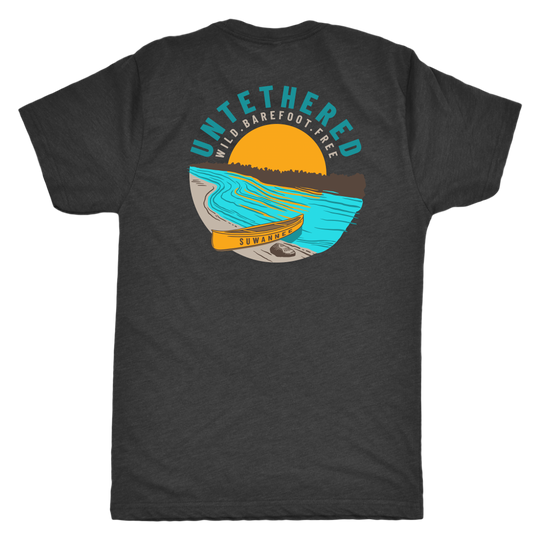 Suwannee Brand Sportswear Apparel - Black Mens Short Sleeve Blend Tshirt - River and Canoe Image Logo on Back with slogan "Untethered" & "Wild. Barefoot. Free"