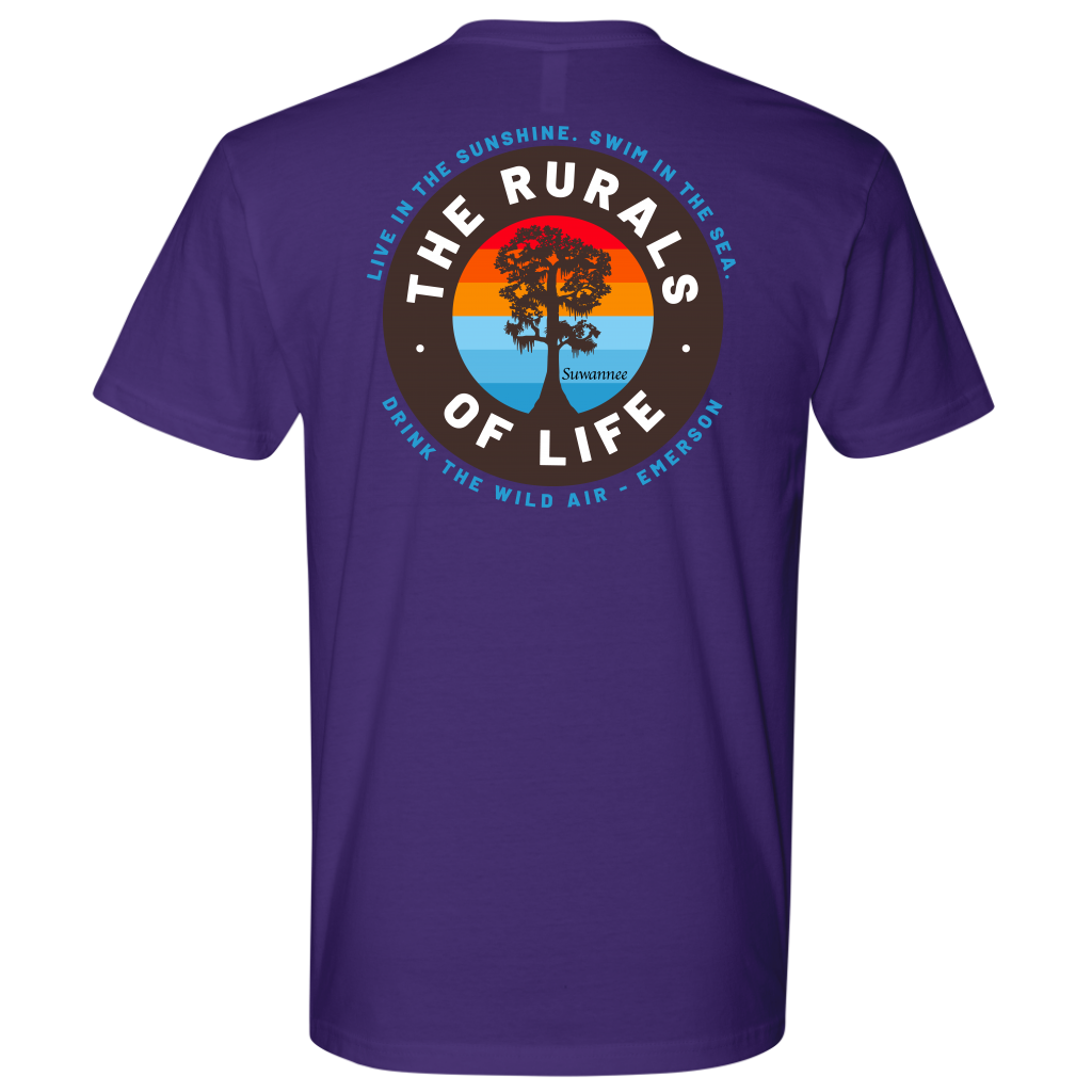 Purple Mens Short Sleeve Tshirt - Rurals of Life Tee with Cypress Tree and Ralph Waldo Emerson Quote by Suwannee Brand Sportswear Apparel