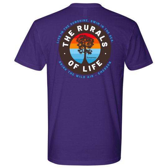 Purple Mens Short Sleeve Tshirt - Rurals of Life Tee with Cypress Tree and Ralph Waldo Emerson Quote by Suwannee Brand Sportswear Apparel