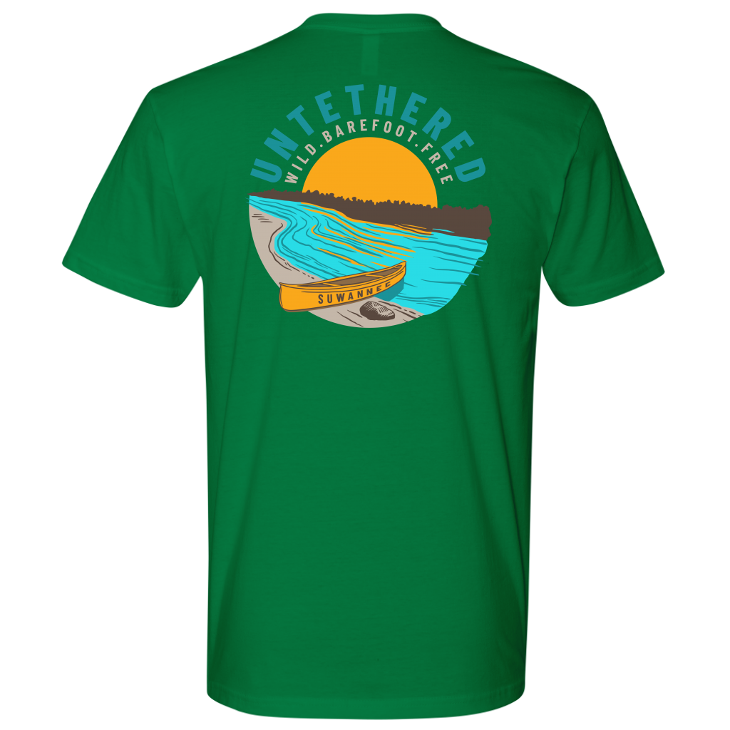 Kelly Green Mens Short Sleeve Tshirt - River and Canoe Image Logo on Back with slogan "Untethered" & "Wild. Barefoot. Free" by Suwannee Brand Sportswear Apparel