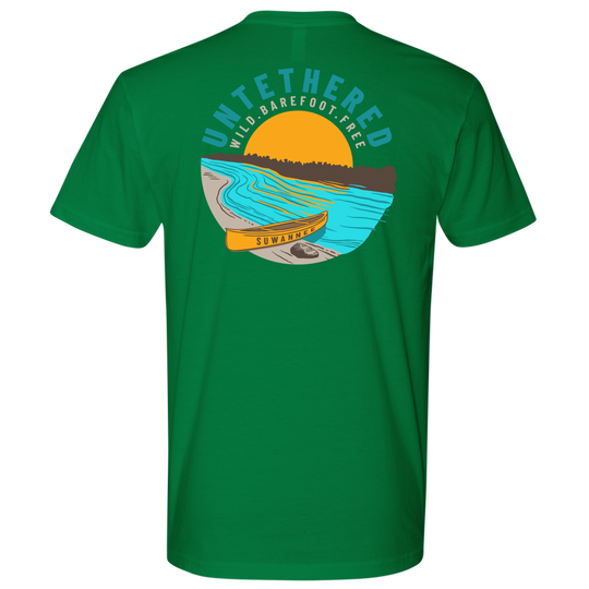 Kelly Green Mens Short Sleeve Tshirt - River and Canoe Image Logo on Back with slogan "Untethered" & "Wild. Barefoot. Free" by Suwannee Brand Sportswear Apparel