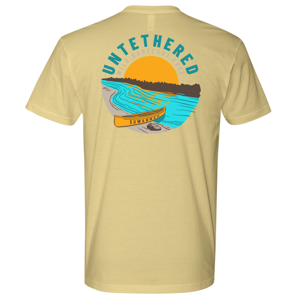 Yellow Mens Short Sleeve Tshirt - River and Canoe Image Logo on Back with slogan "Untethered" & "Wild. Barefoot. Free" by Suwannee Brand Sportswear Apparel