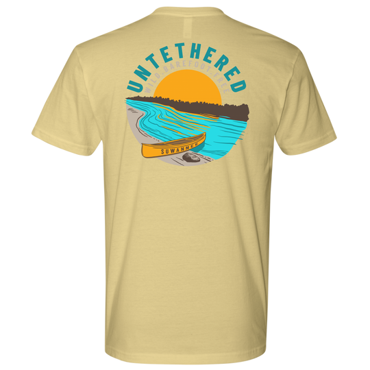 Yellow Mens Short Sleeve Tshirt - River and Canoe Image Logo on Back with slogan "Untethered" & "Wild. Barefoot. Free" by Suwannee Brand Sportswear Apparel